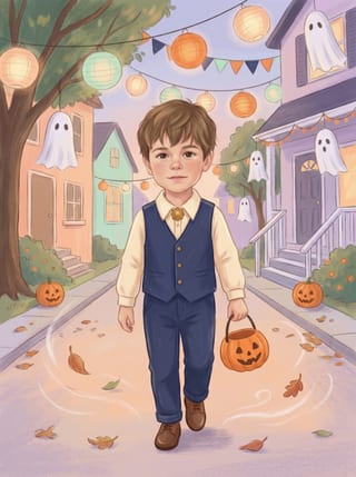 Benjamin dans une rue décorée de lanternes et de citrouilles : une page de son histoire