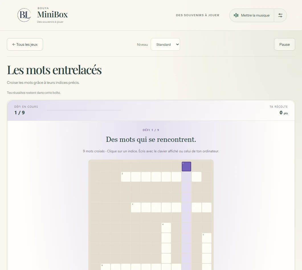Écran réel du jeu Les mots entrelacés de la MiniBox